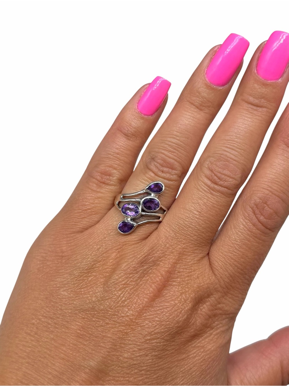 Amethyst Ring Solid 925 Sterling Silver Size 10 Multi Stone Statement - Picture 2 of 7
